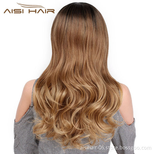 Aisi Hair Ombre Brown Synthetic Long Wavy Wigs Middle Part Dark Roots Body Wavy Wigs for Black Women